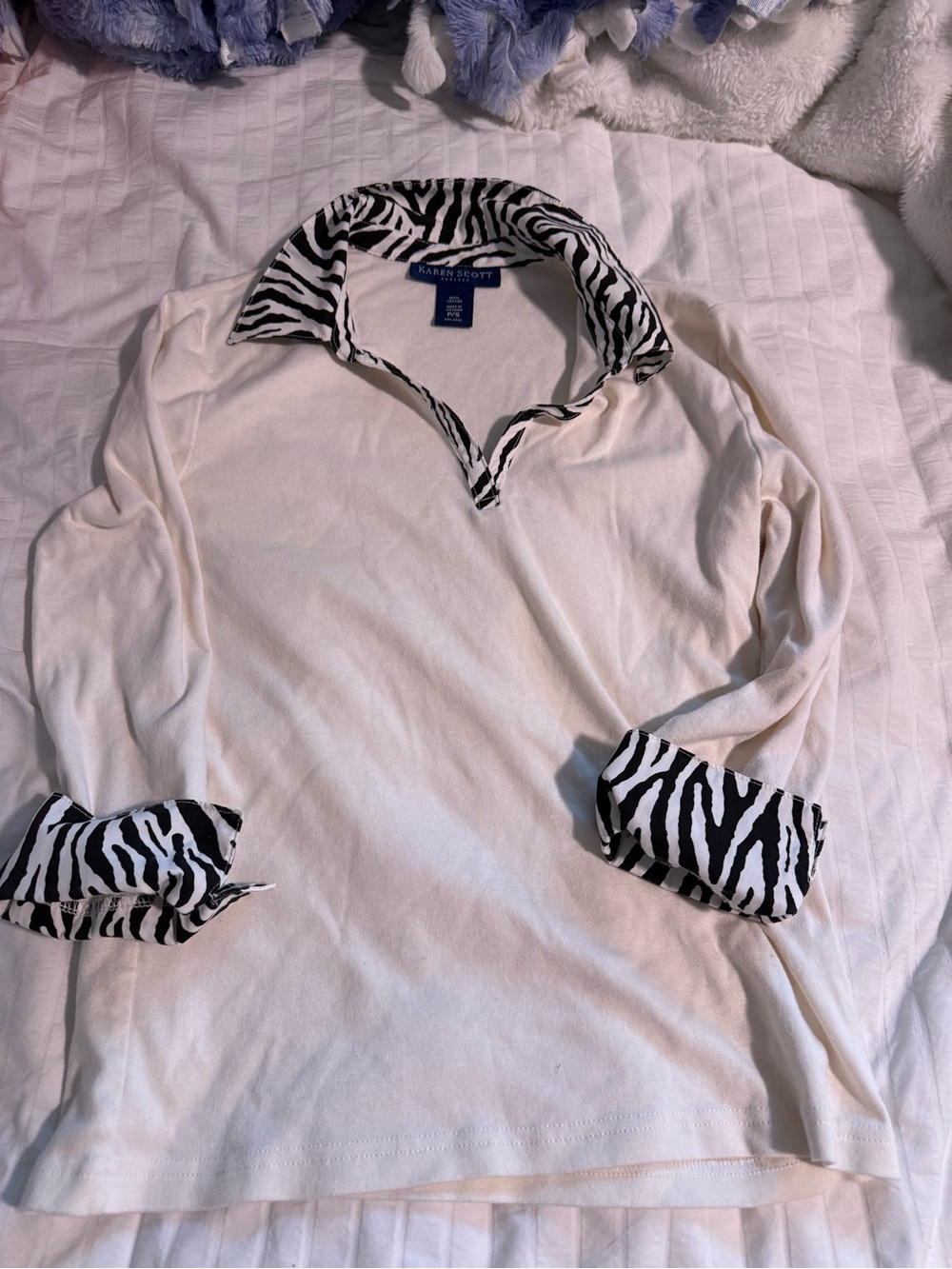 Karen Scott Cream Long-Sleeve Polo Top with Zebra Trim